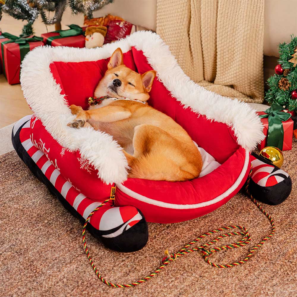 Festliches Gemütliches Hundebett aus Plüsch – Weihnachtsschlitten