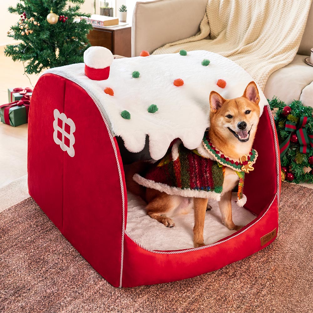 Festliches orthopädisches Hundebett „Schneehaus“ – Weihnachtliche Wärme - Geschenkbündel