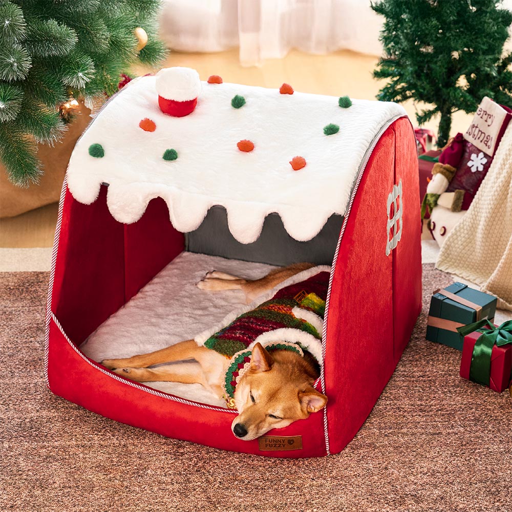 Festliches orthopädisches Hundebett „Schneehaus“ – Weihnachtliche Wärme - Geschenkbündel