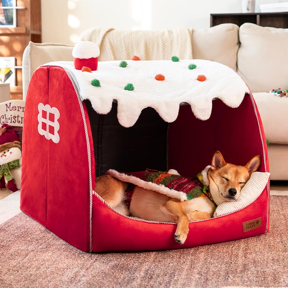 Festliches orthopädisches Hundebett „Schneehaus“ – Weihnachtliche Wärme - Geschenkbündel