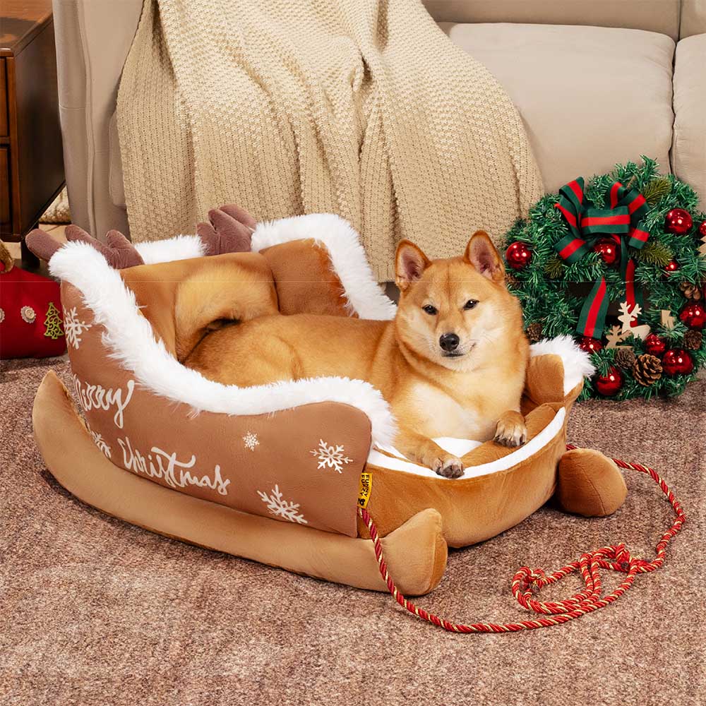 Festliches Gemütliches Hundebett aus Plüsch – Weihnachtsschlitten