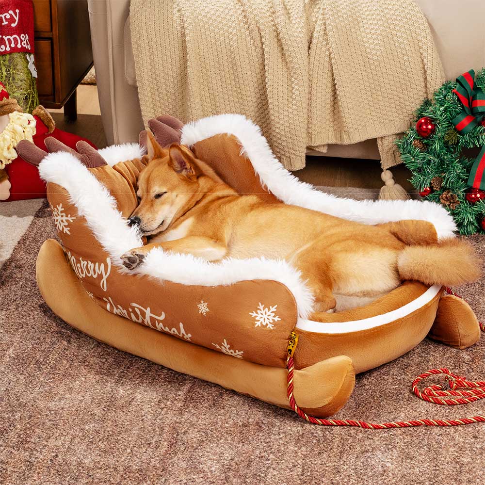 Festliches Gemütliches Hundebett aus Plüsch – Weihnachtsschlitten