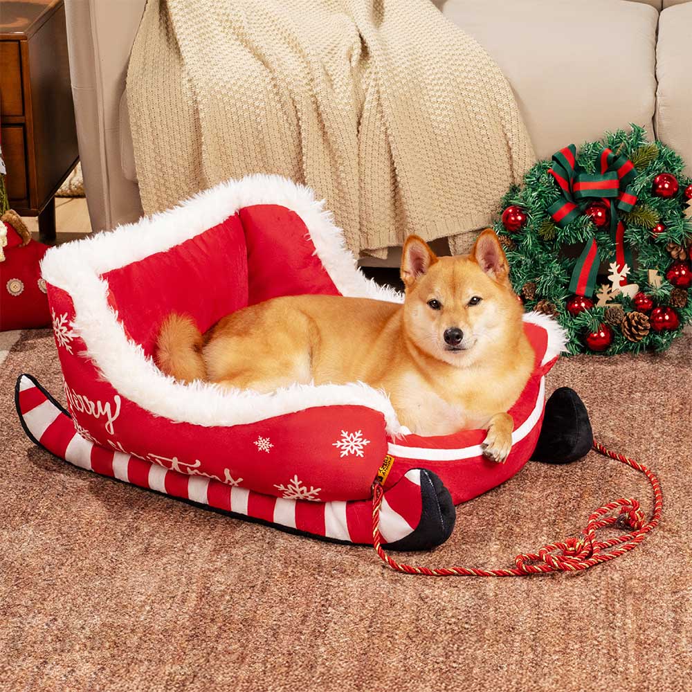 Festliches Gemütliches Hundebett aus Plüsch – Weihnachtsschlitten