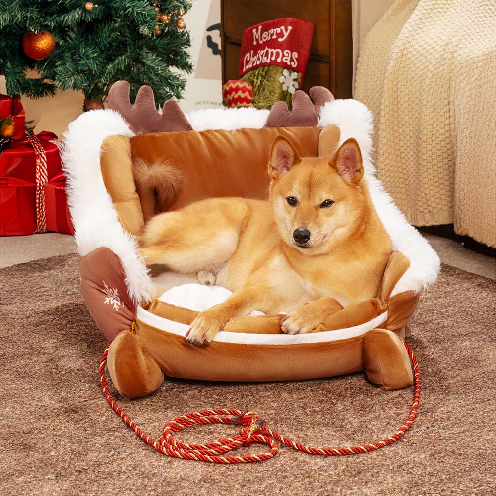 Festliches Gemütliches Hundebett aus Plüsch – Weihnachtsschlitten