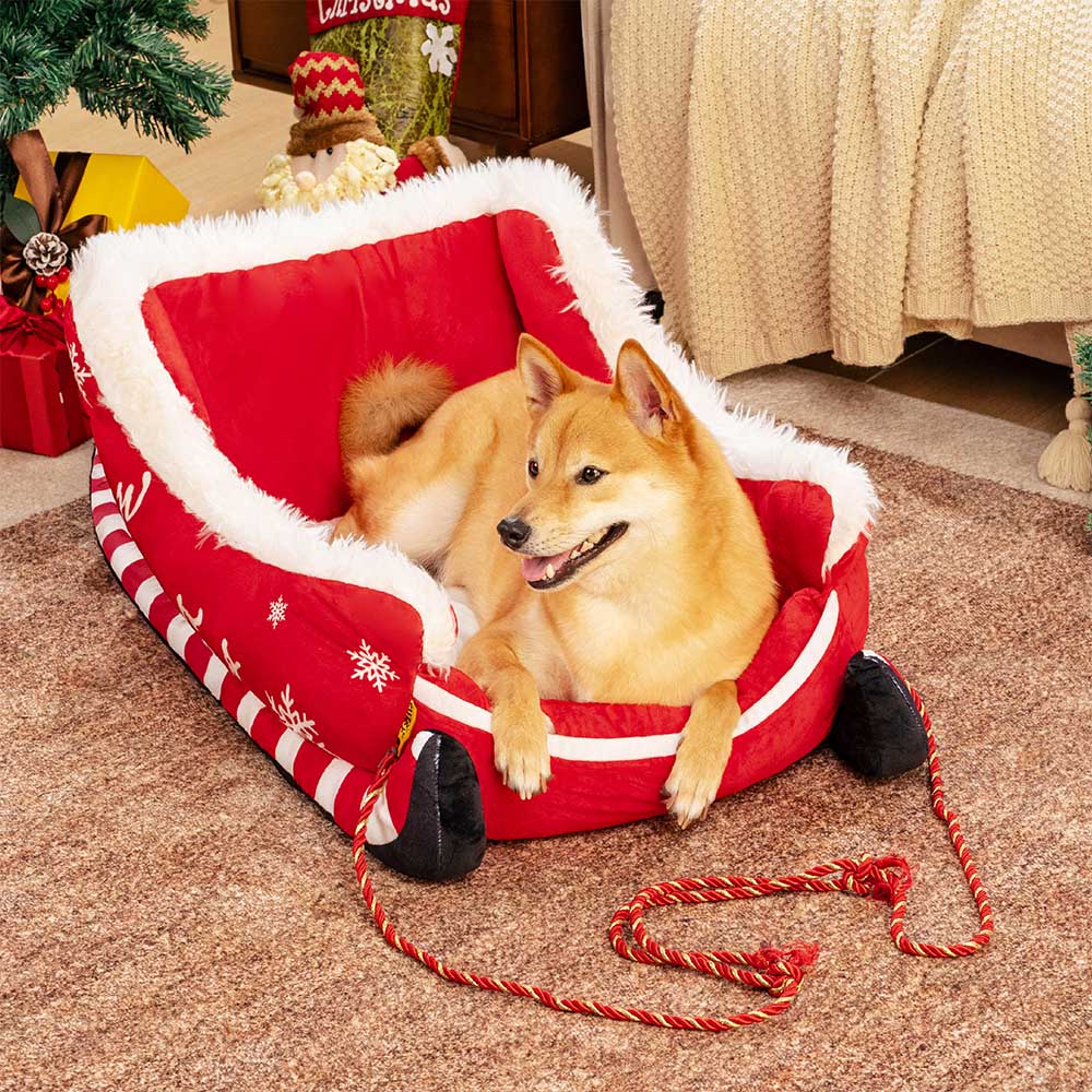 Festliches Gemütliches Hundebett aus Plüsch – Weihnachtsschlitten