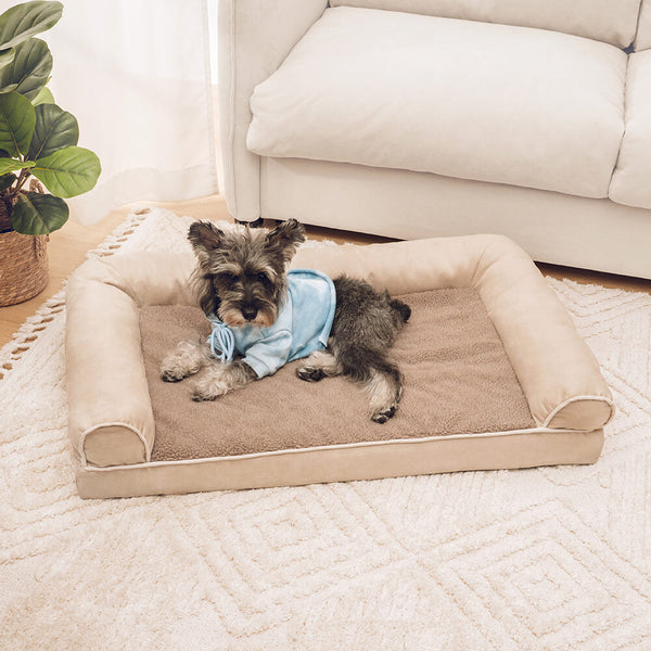 Orthopädisches Eckhundebett mit vollständiger Stützfunktion aus Kunstfleece und Wildleder