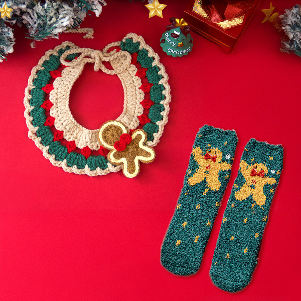 Weihnachtsmann-Strickschal - passende Socken für Haustier und Besitzer