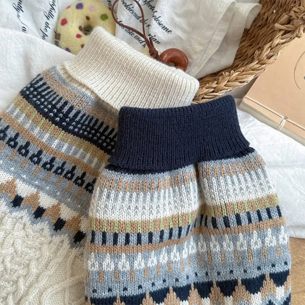 Fair-Isle-Muster gestrickter Leinen-Hundepullover mit klassischem Kragen