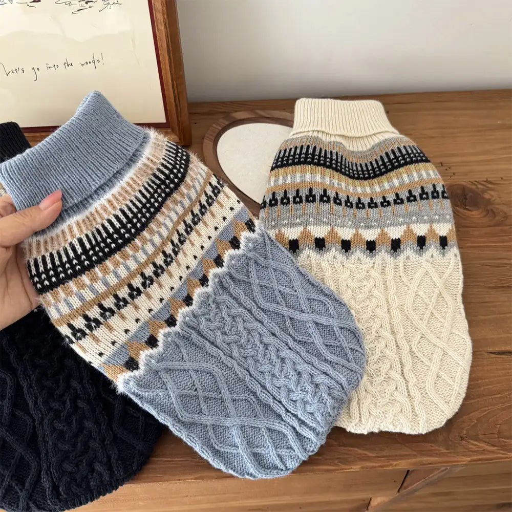 Fair-Isle-Muster gestrickter Leinen-Hundepullover mit klassischem Kragen