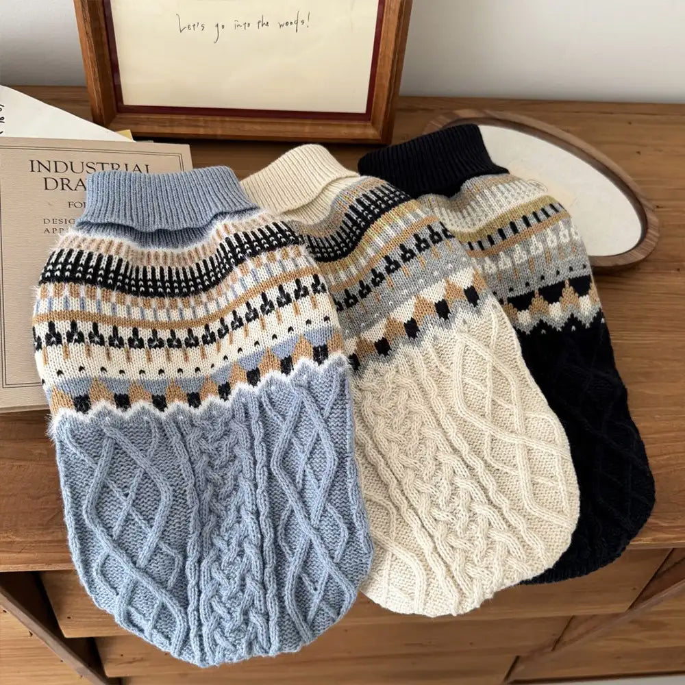 Fair-Isle-Muster gestrickter Leinen-Hundepullover mit klassischem Kragen