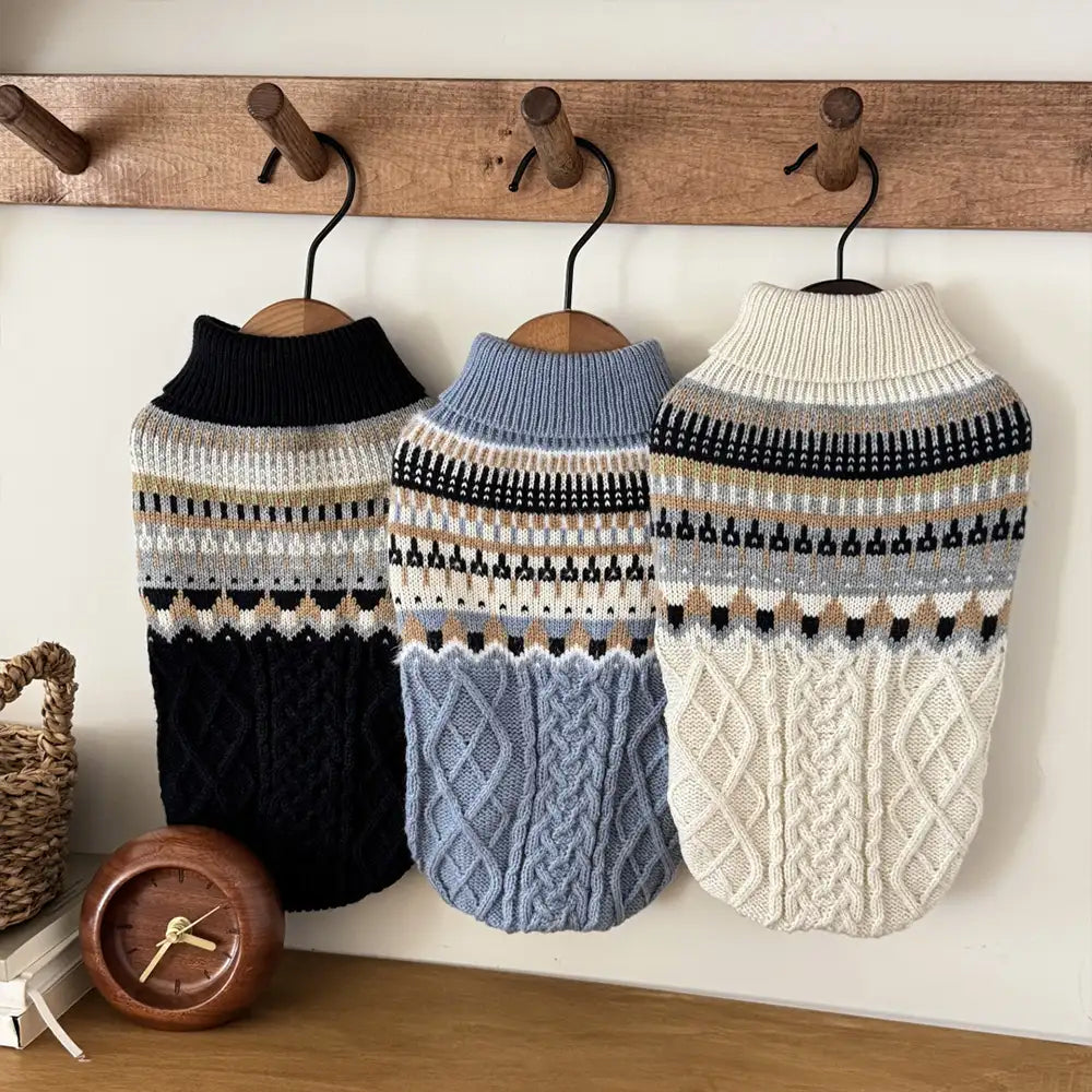 Fair-Isle-Muster gestrickter Leinen-Hundepullover mit klassischem Kragen