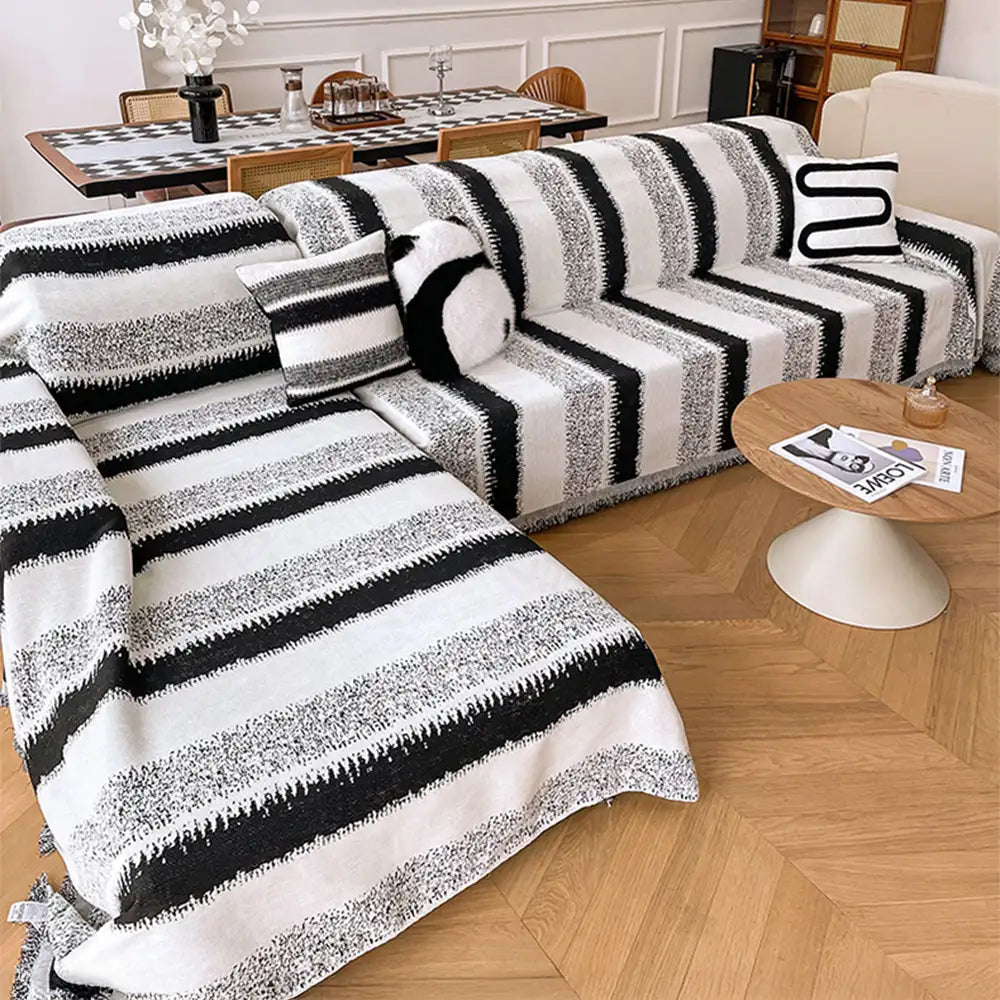 Mode Gestreifter Chenille Kratzfeste Sofaschoner Couchbezug