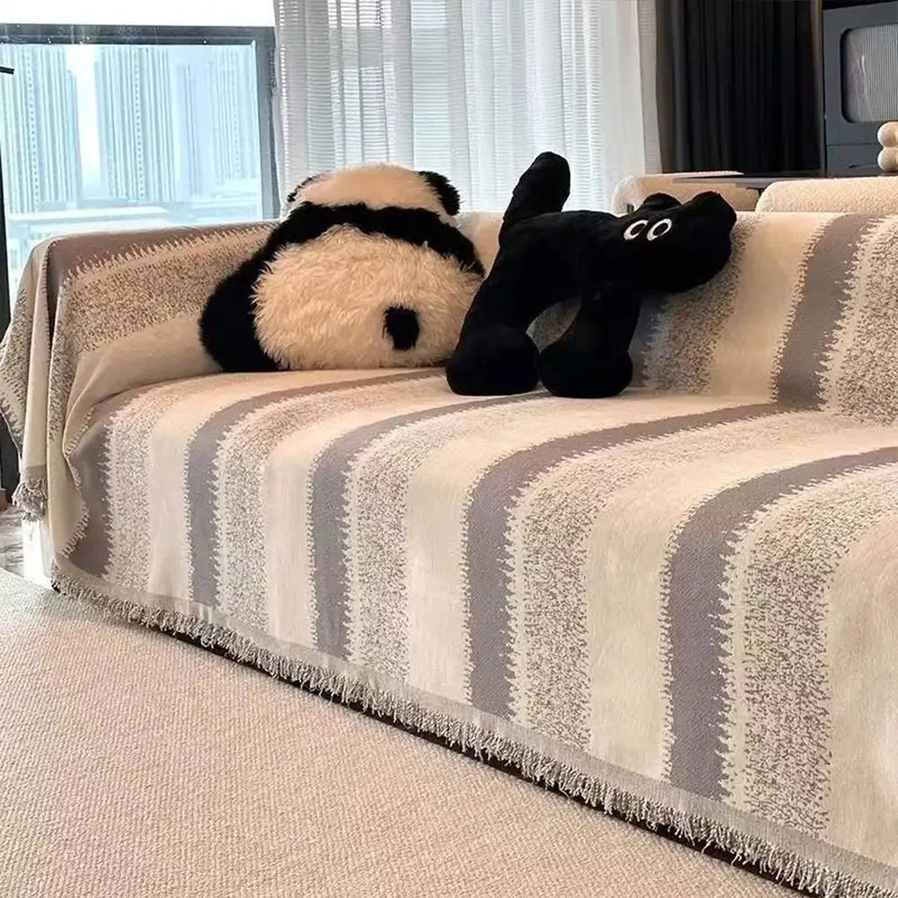 Mode Gestreifter Chenille Kratzfeste Sofaschoner Couchbezug