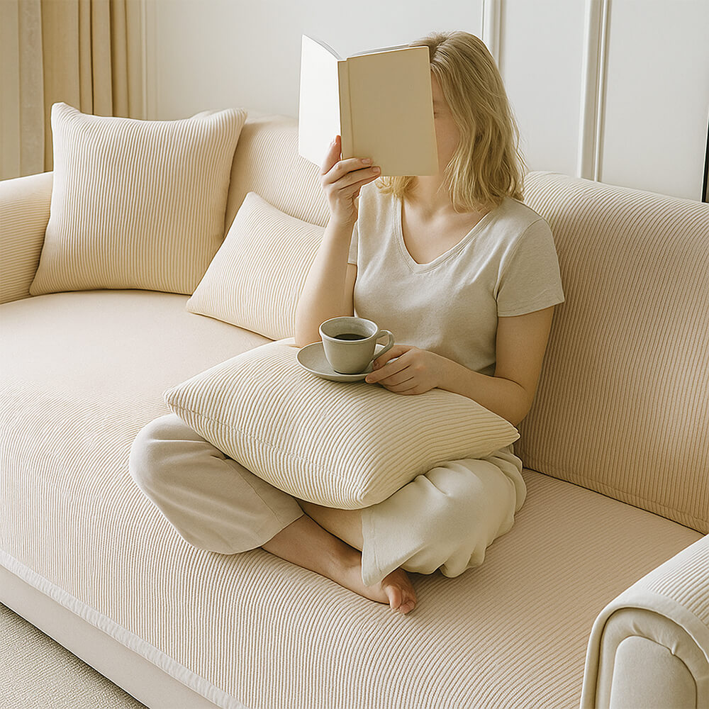 Moderne Cremefarbene Fleece-Sofabezug mit vertikalen Streifen für alle Jahreszeiten