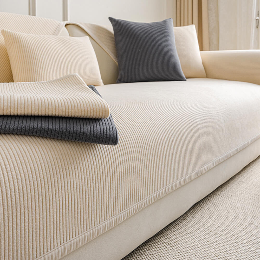 Moderne Cremefarbene Fleece-Sofabezug mit vertikalen Streifen für alle Jahreszeiten