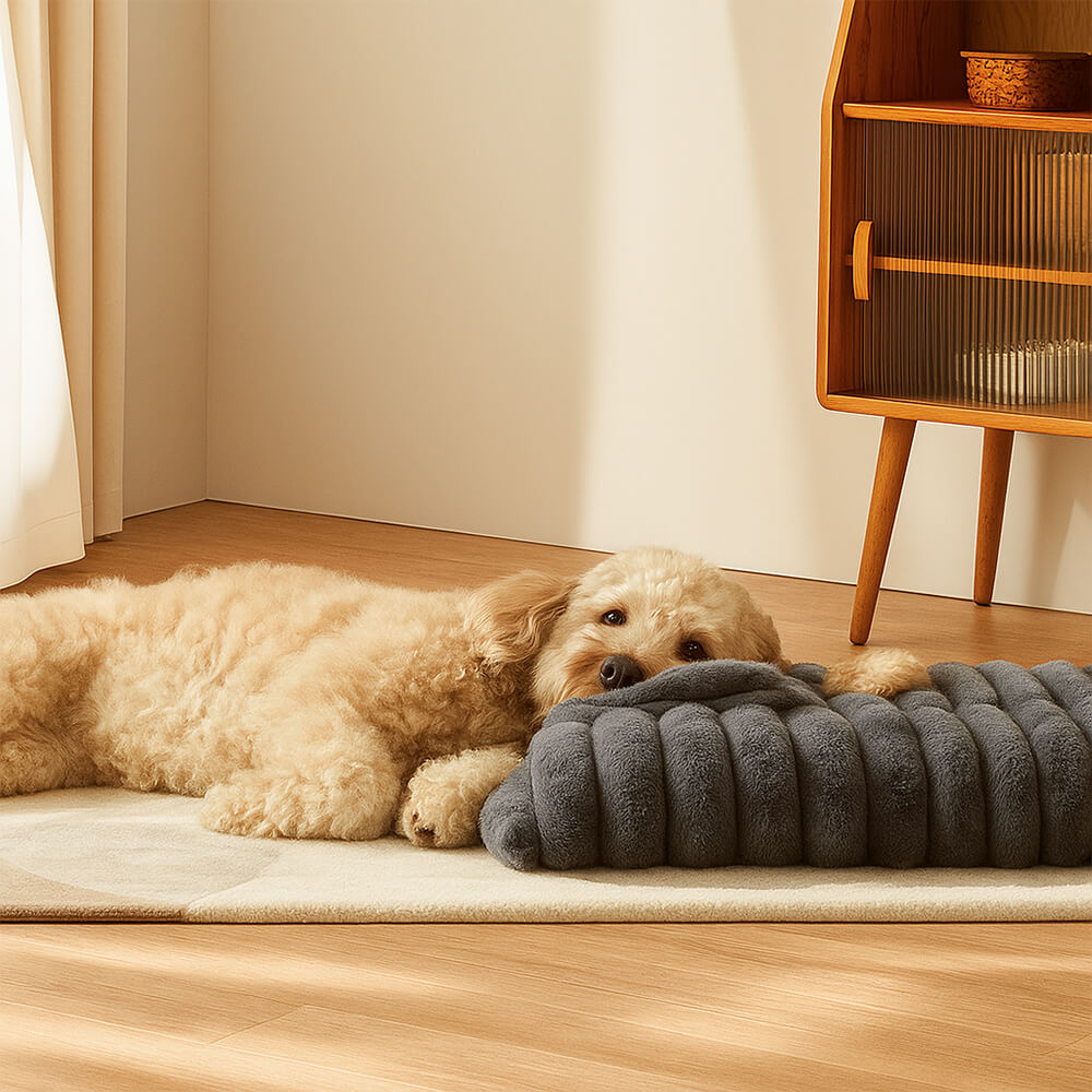 Plüschiges, flauschiges, dickes, beruhigendes Hundebett mit Kissen