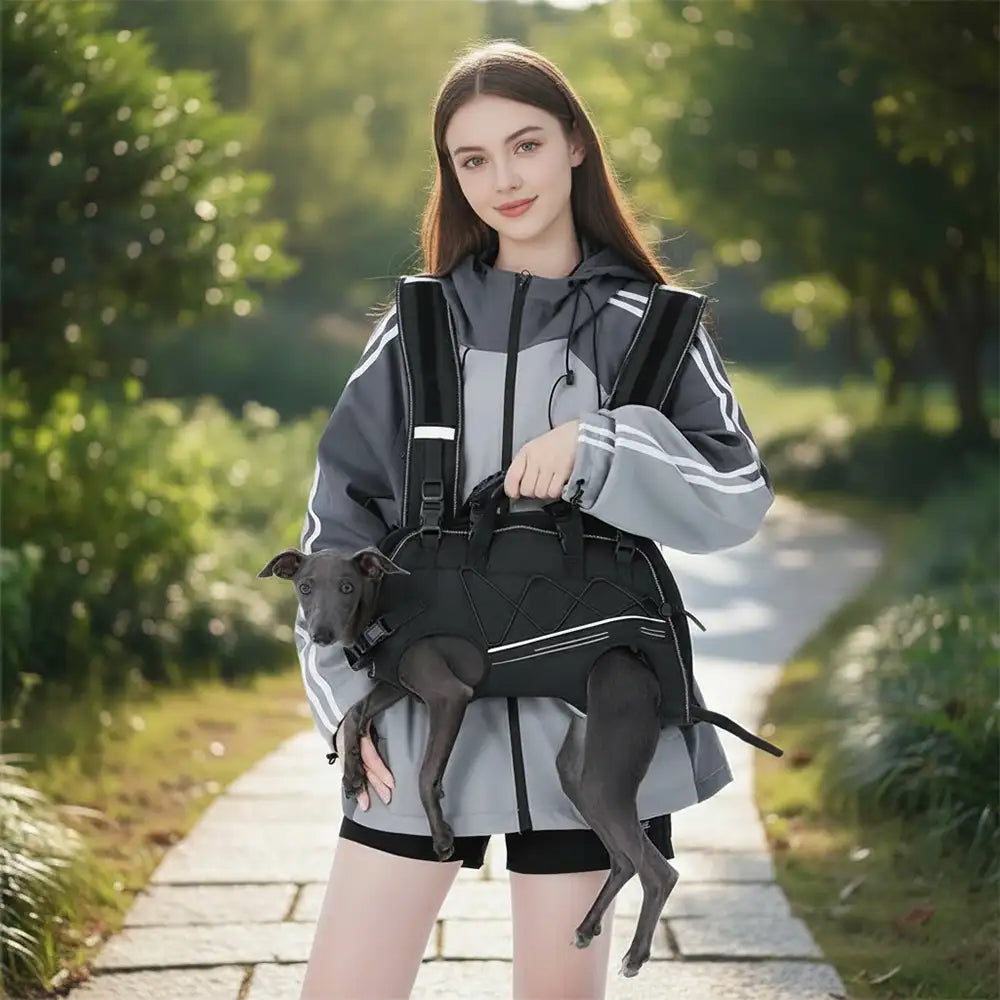 Rückenfreundlicher horizontaler Hundetragekorb mit verstellbaren gepolsterten Trägern - Beine-raus Komfort