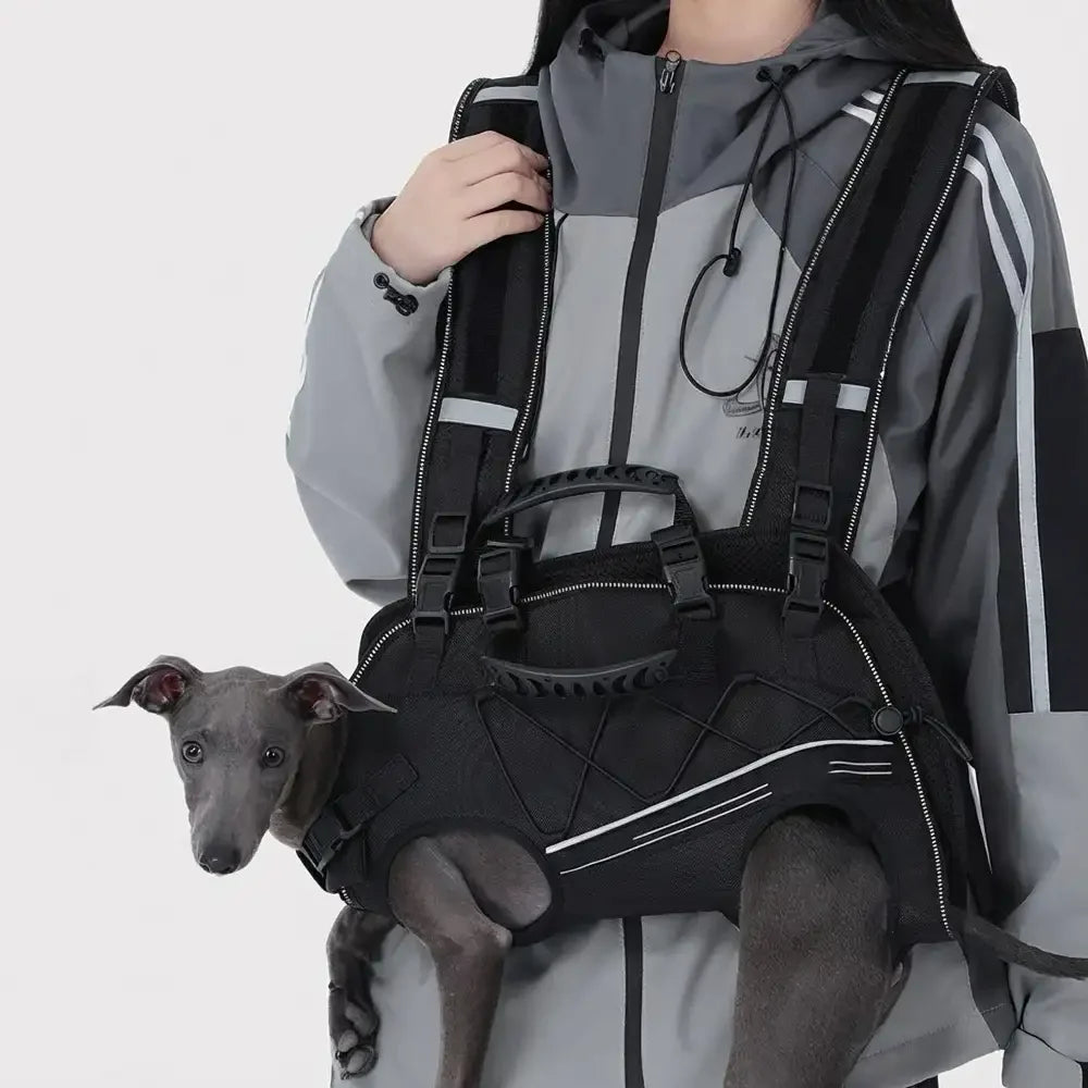 Rückenfreundlicher horizontaler Hundetragekorb mit verstellbaren gepolsterten Trägern - Beine-raus Komfort