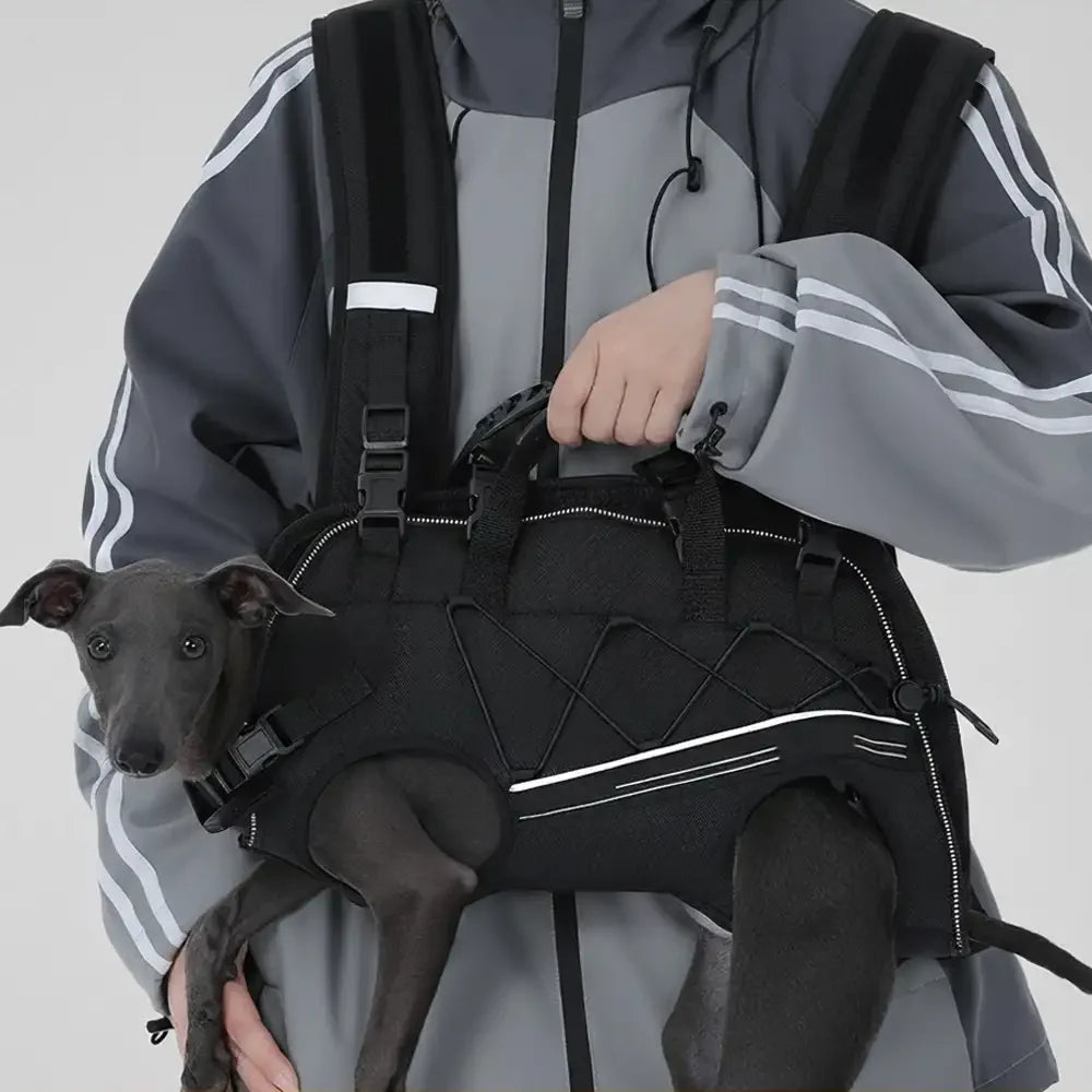 Rückenfreundlicher horizontaler Hundetragekorb mit verstellbaren gepolsterten Trägern - Beine-raus Komfort