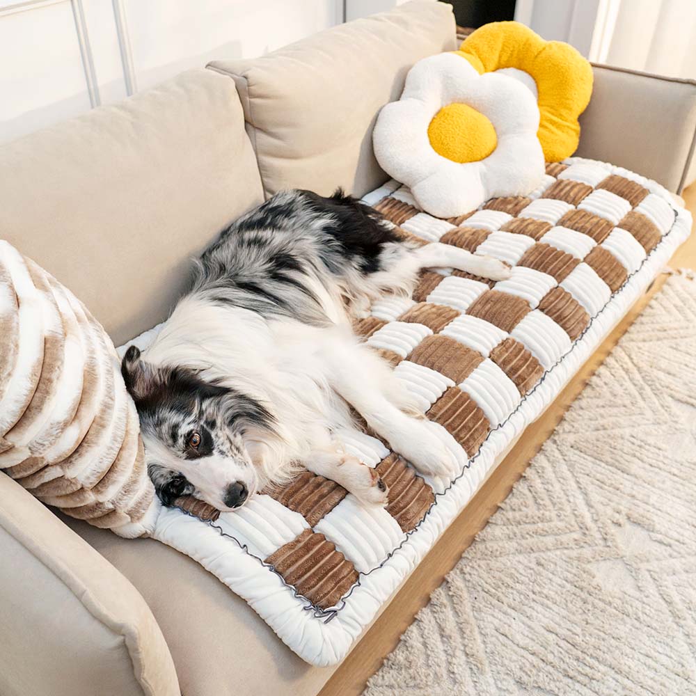 Cremefarbener großer karierten quadratischer fuzzy Haustier Hundematte Bett Ecksofa Couchbezug