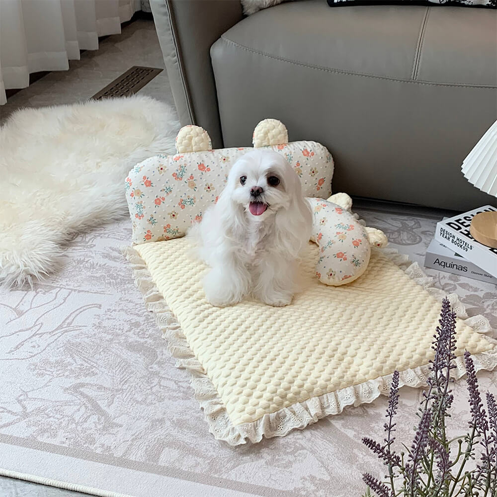 Florale Eiskrepp Hund- & Katzenkühlmatte mit Nackenstütze und Kissen