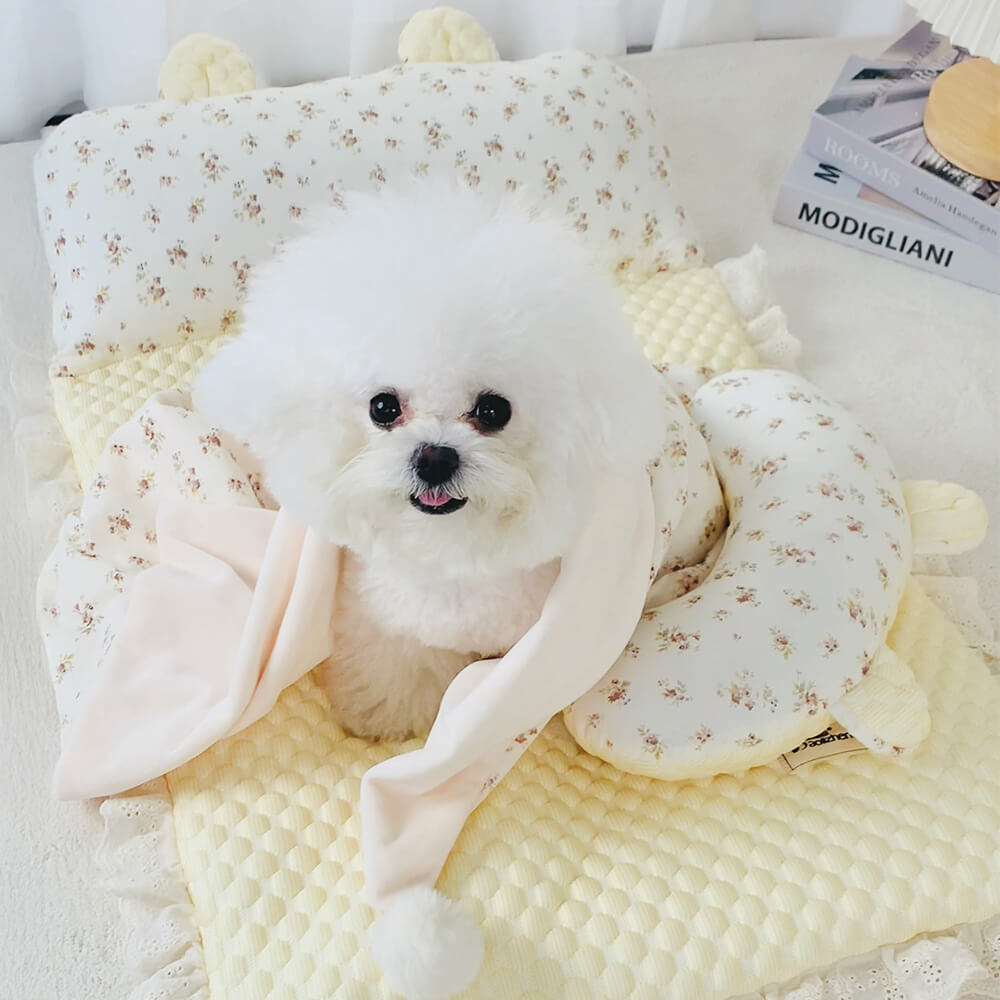 Florale Eiskrepp Hund- & Katzenkühlmatte mit Nackenstütze und Kissen