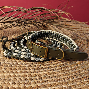 Handgewebtes Leder Mehrzweck Anti-Zieh-Hundehalsband und Leinen-Set