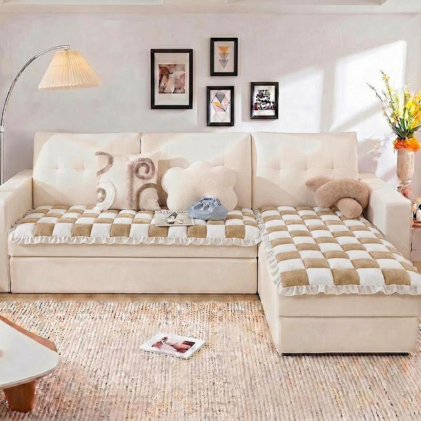 Cremefarbener großer karierten quadratischer fuzzy Haustier Hundematte Bett Ecksofa Couchbezug