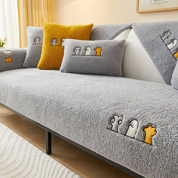 Schöner Rutschfester Sofabezug aus Sherpa-Fleece mit Katzenpfotenmotiv