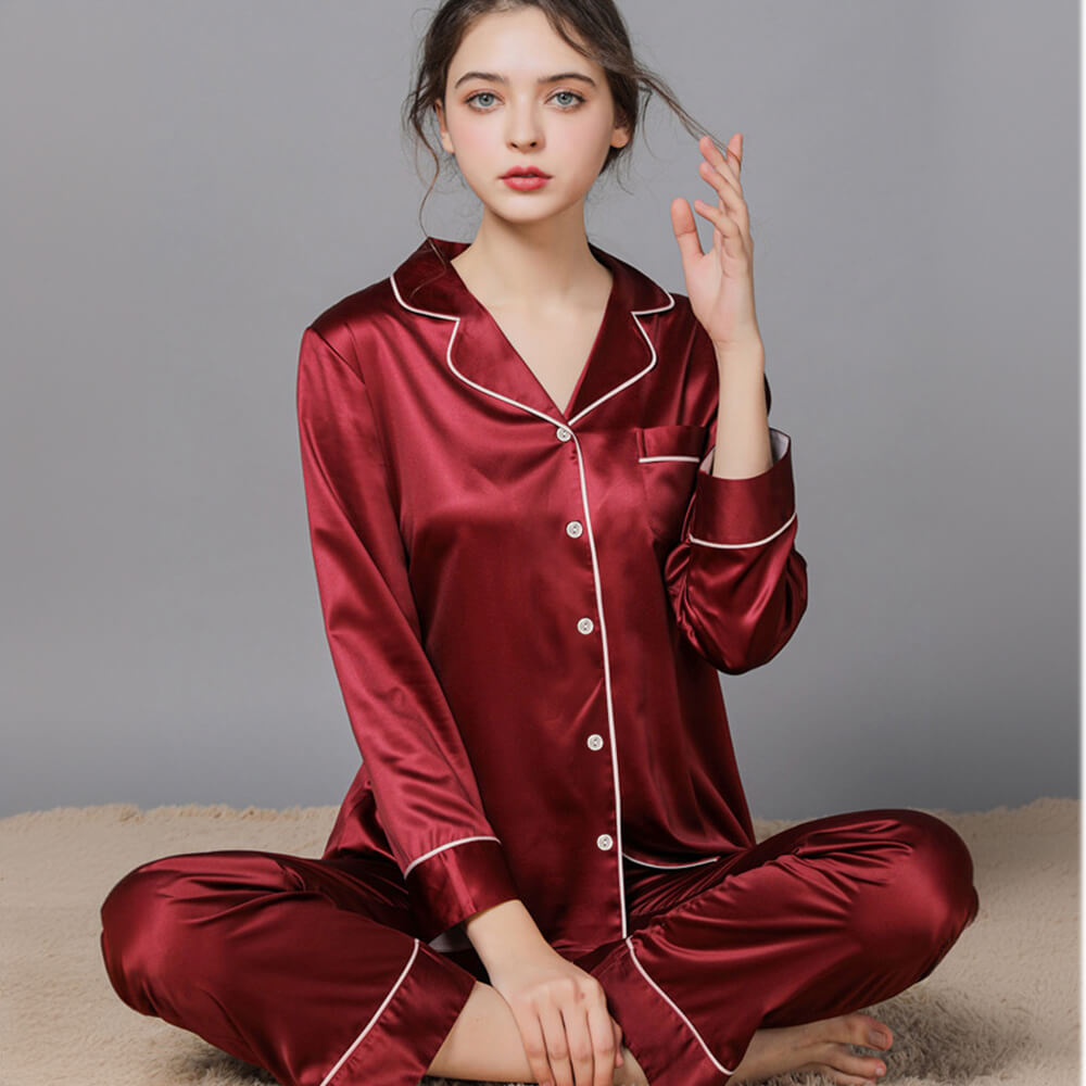 Luxuriöses Langarm-Pyjama-Set aus Satin für Paare Bequeme Loungewear für Zuhause