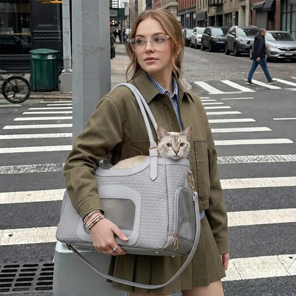 Tragbare atmungsaktive Kunstleder-Tiertragetasche für Hunde und Katzen, geeignet für Reisen und Tierarzt.