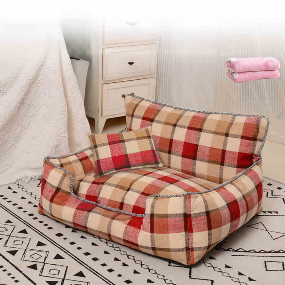 Vintage Plaid Warm Abnehmbare Waschbar Hund & Katze Sofa Bett Passenden Decke Kissen