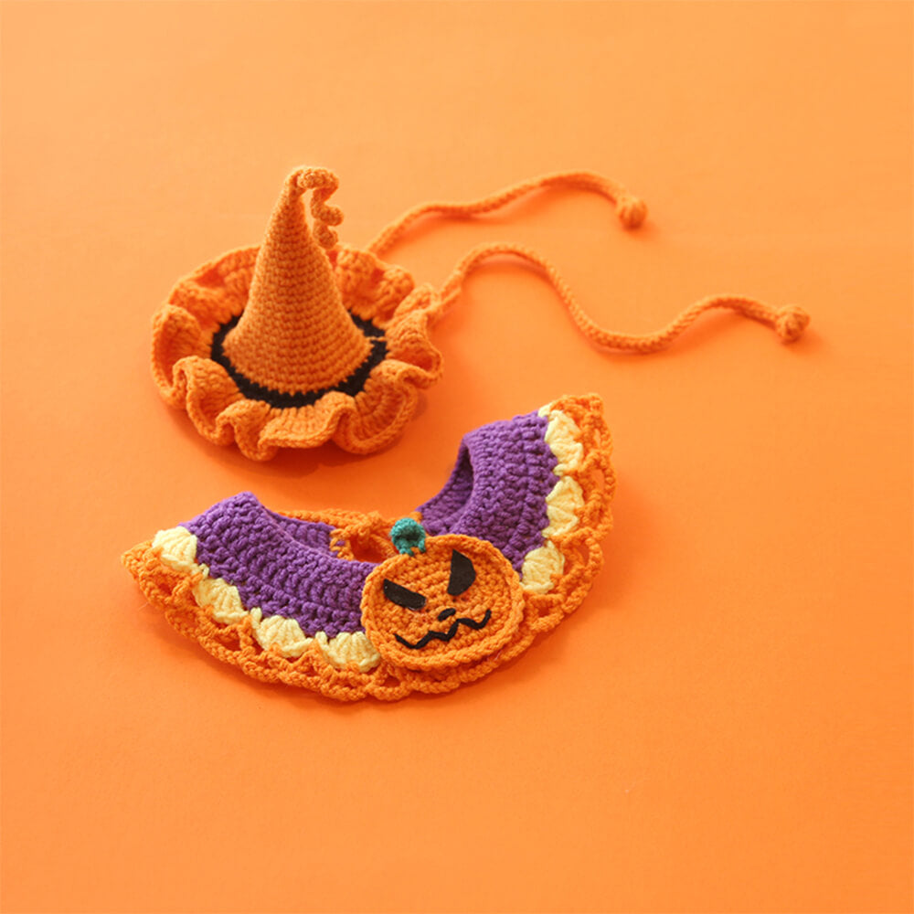 Halloween-Haustierkostüm Handgefertigt Gestrickt Kürbishalsband und Hexenhut