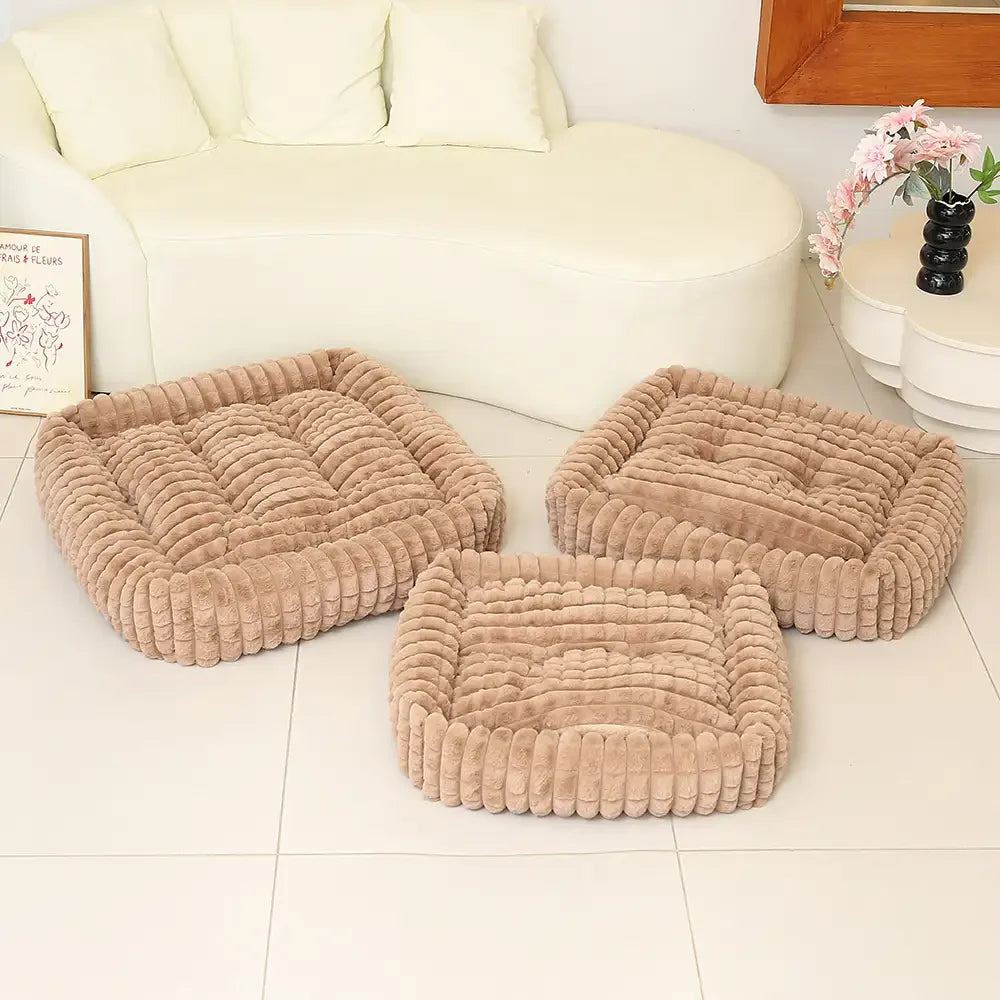 Weiches Kurzplüsch-Hundebett, quadratisch und gestreift, für kleine bis große Hunde