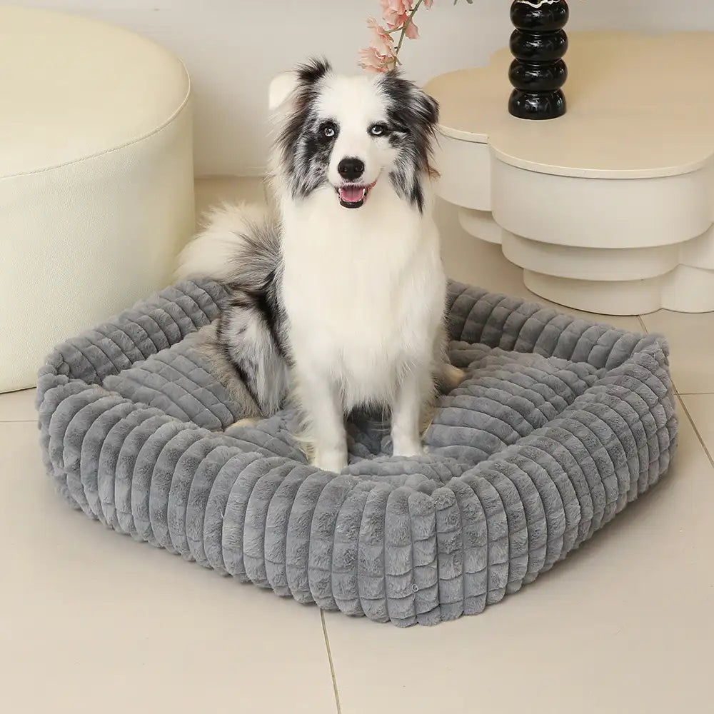 Weiches Kurzplüsch-Hundebett, quadratisch und gestreift, für kleine bis große Hunde