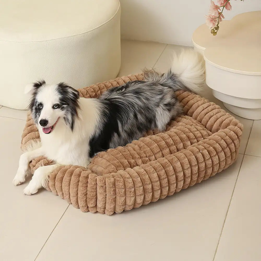 Weiches Kurzplüsch-Hundebett, quadratisch und gestreift, für kleine bis große Hunde