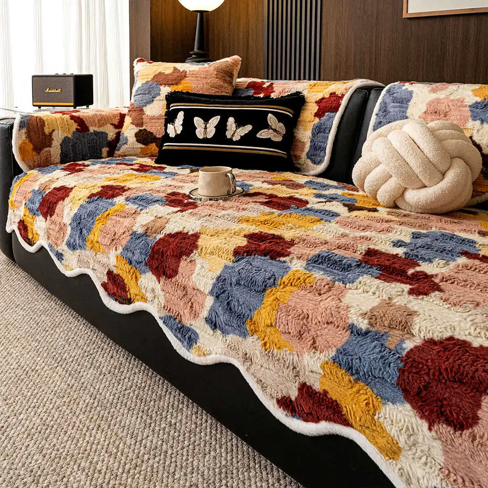 Modischer Sofabezug aus Kunstkaninchenfell mit Farbblock-Design, rutschfest und unregelmäßig geformt