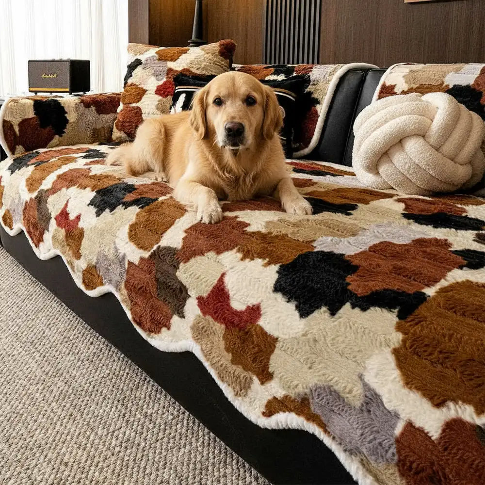 Modischer Sofabezug aus Kunstkaninchenfell mit Farbblock-Design, rutschfest und unregelmäßig geformt