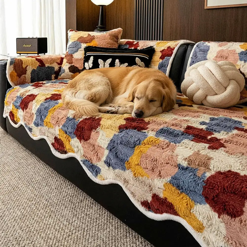 Modischer Sofabezug aus Kunstkaninchenfell mit Farbblock-Design, rutschfest und unregelmäßig geformt