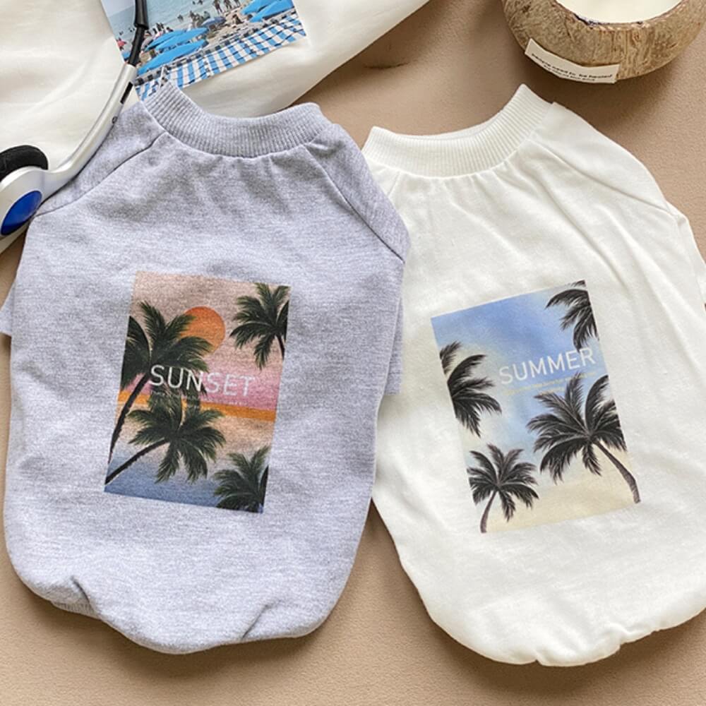 Passende Rundhals-T-Shirts mit sommerlichem Palmen-Print für Hund und Besitzer