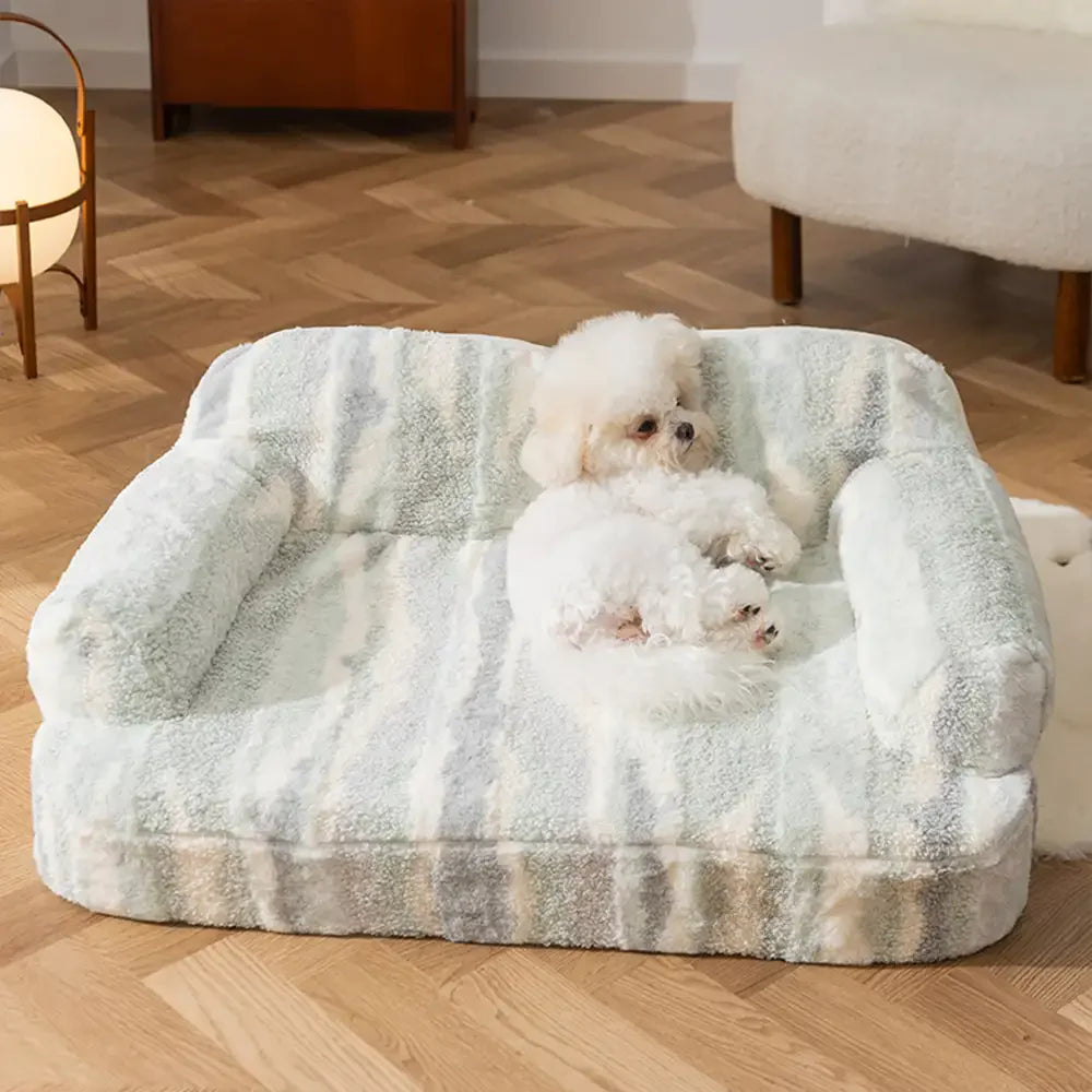 Gemütliches Hundesofa-Bett aus Batik-Faux-Lammwolle mit Wirbelsäulenschutz – Trendy