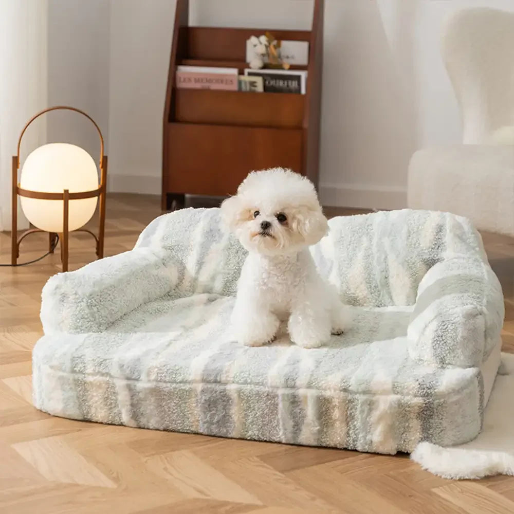 Gemütliches Hundesofa-Bett aus Batik-Faux-Lammwolle mit Wirbelsäulenschutz – Trendy
