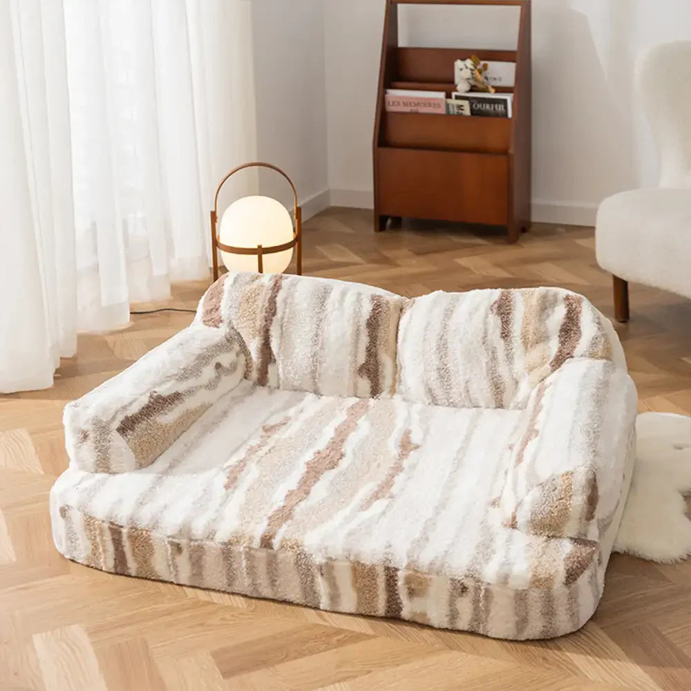 Gemütliches Hundesofa-Bett aus Batik-Faux-Lammwolle mit Wirbelsäulenschutz – Trendy