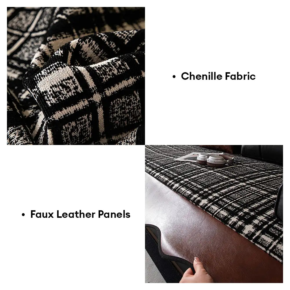Vintage Chenille-Sofa-Schutz mit Kunstleder-Panels, rutschfeste Couchabdeckung