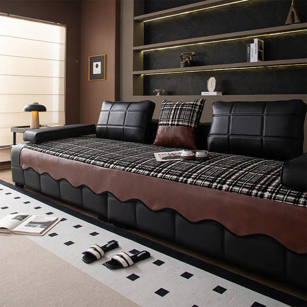 Vintage Chenille-Sofa-Schutz mit Kunstleder-Panels, rutschfeste Couchabdeckung