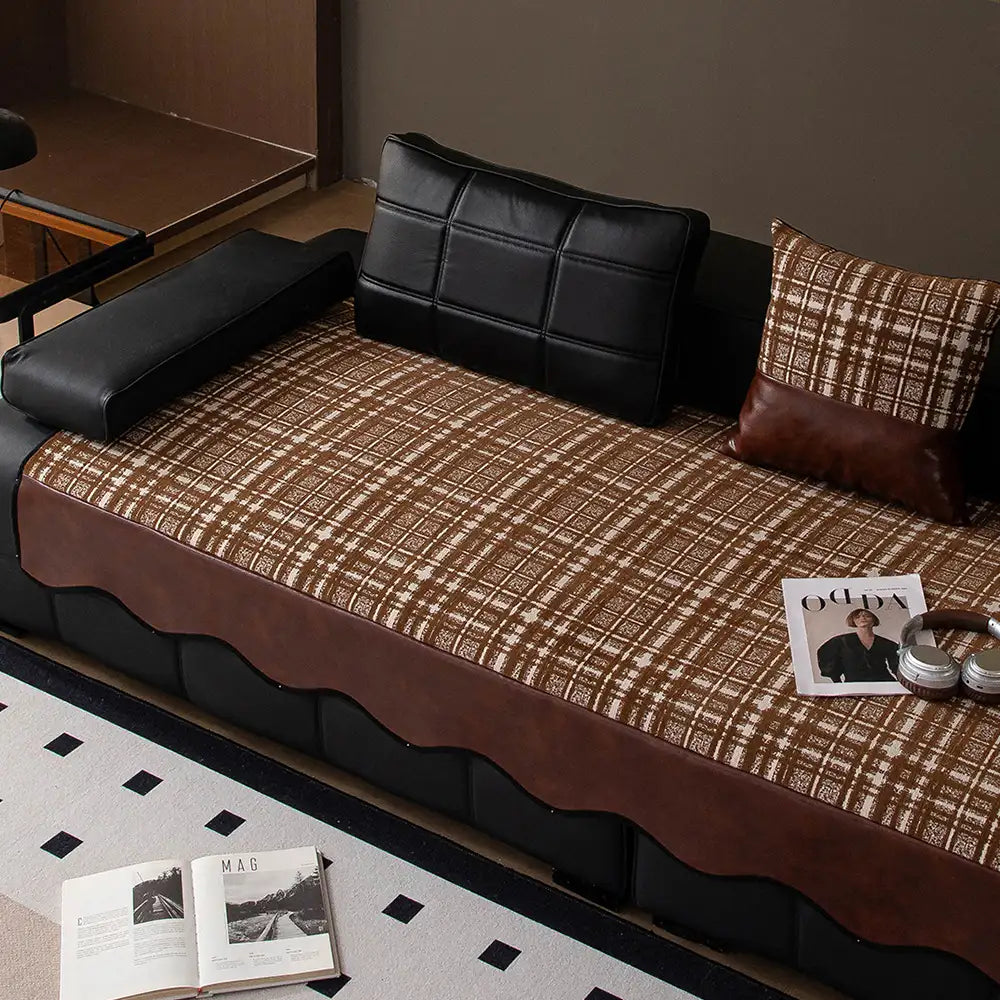 Vintage Chenille-Sofa-Schutz mit Kunstleder-Panels, rutschfeste Couchabdeckung