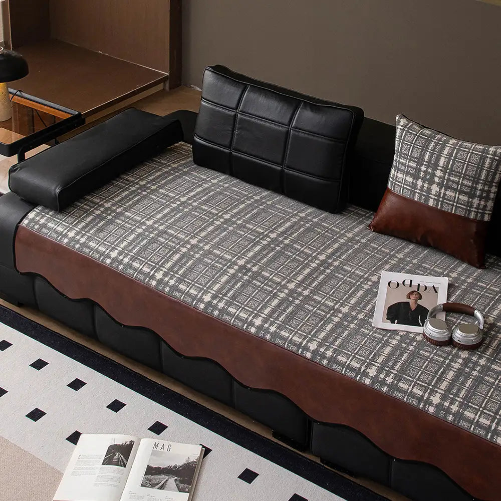 Vintage Chenille-Sofa-Schutz mit Kunstleder-Panels, rutschfeste Couchabdeckung