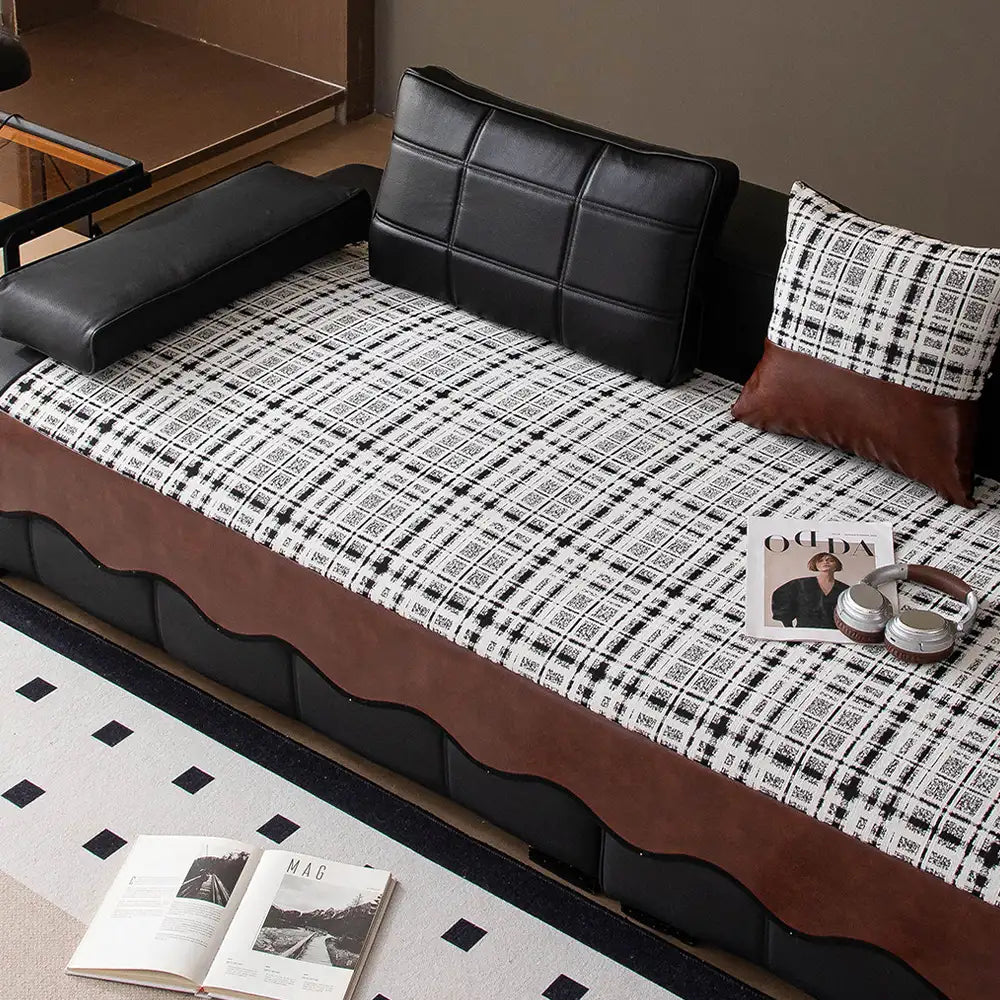 Vintage Chenille-Sofa-Schutz mit Kunstleder-Panels, rutschfeste Couchabdeckung