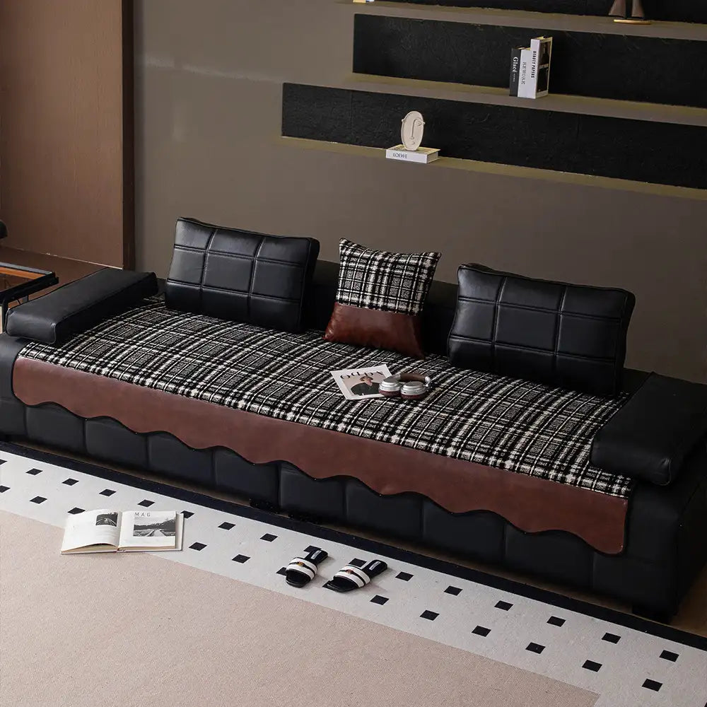 Vintage Chenille-Sofa-Schutz mit Kunstleder-Panels, rutschfeste Couchabdeckung