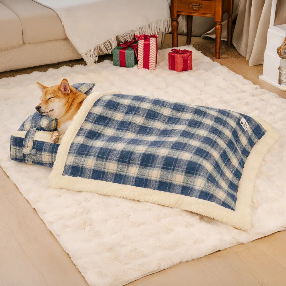 Orthopädisches Hundebett aus Vintage-Karo-Plüsch, abnehmbar mit Kissen – gemütlich für Welpen